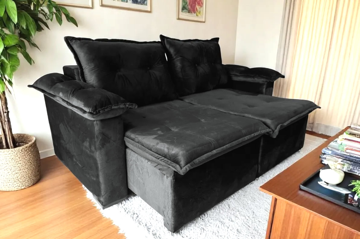 2 Sofá Retratil Barcelona 2 Lugare Braço Almofadado 1,40 Preto 2 Sofá Retratil Barcelona 2 Lugare Braço Almofadado 1,40 Preto