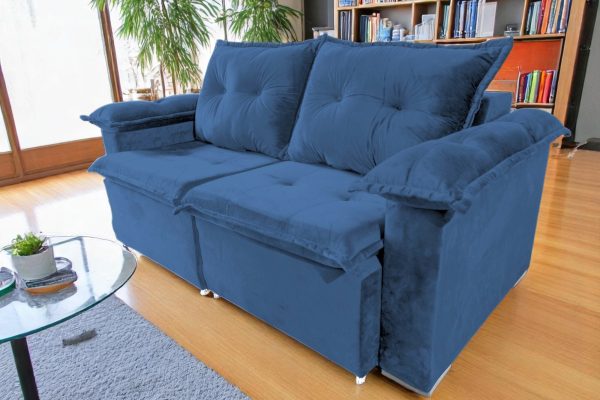 Sofá Retrátil Azul Braço Almofadado 1,40 m Barcelona